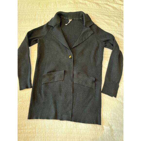 Free People Womens Cardigan Blazer Coatigan Black Ribbed Knit Size Small Viscose - Picture 2 of 10